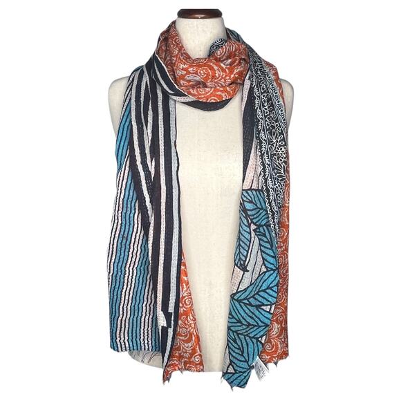 Mieko Mintz Women's Scarf Mixed Print Kantha Patchwork Multicolored Cotton 86" - Picture 2 of 10